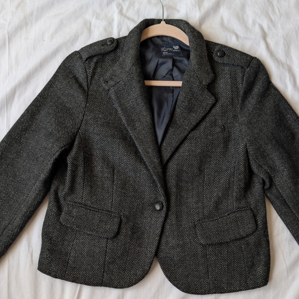 American Eagle Wool Blend Harringbone Cropped Button Blazer Women's Size Medium